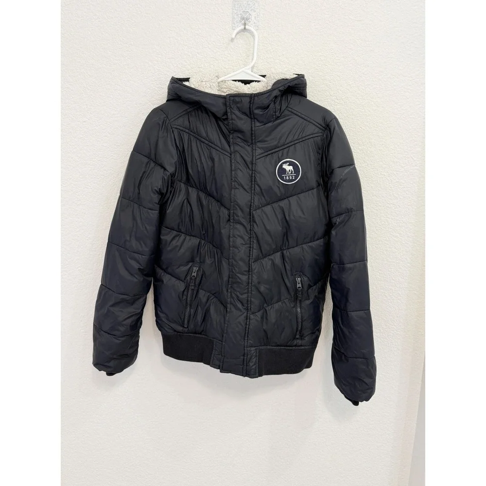 Abercrombie Kids Navy Puffer Jacket Sherpa Lined Hooded Bomber Coat Size 15/16